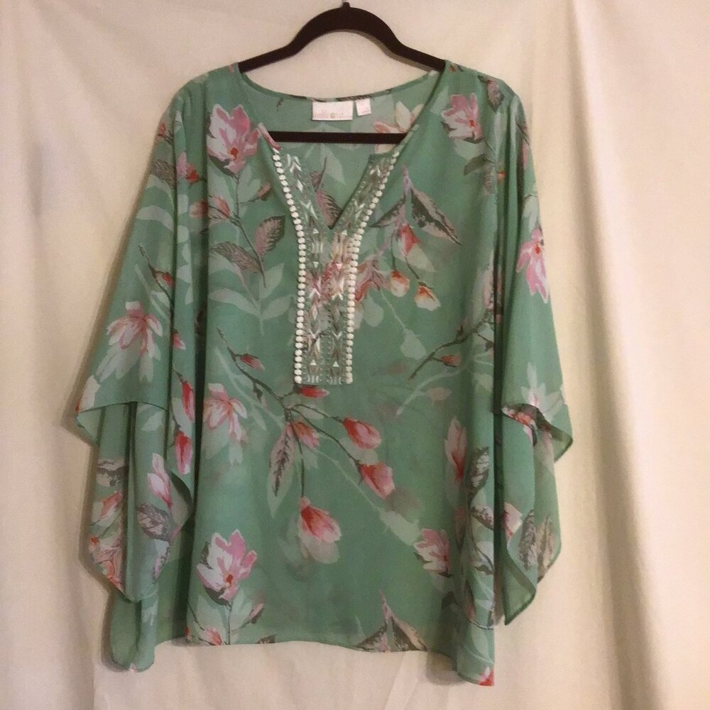 KIM GRAVEL Light Green/Pink Floral 3/4 Sleeve Lined Chiffon Top w/Embroidery XL